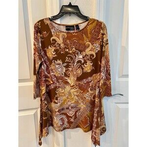 ATTITUDES by Renée Goldstein Paisley Print Slinky Swing Top XS Brown Gold